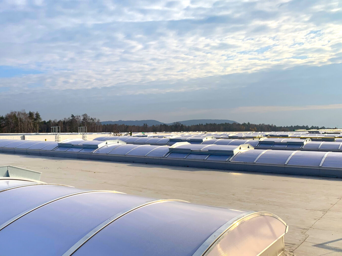 Rząd przeszklonych świetlików dachowych na hali przemysłowej