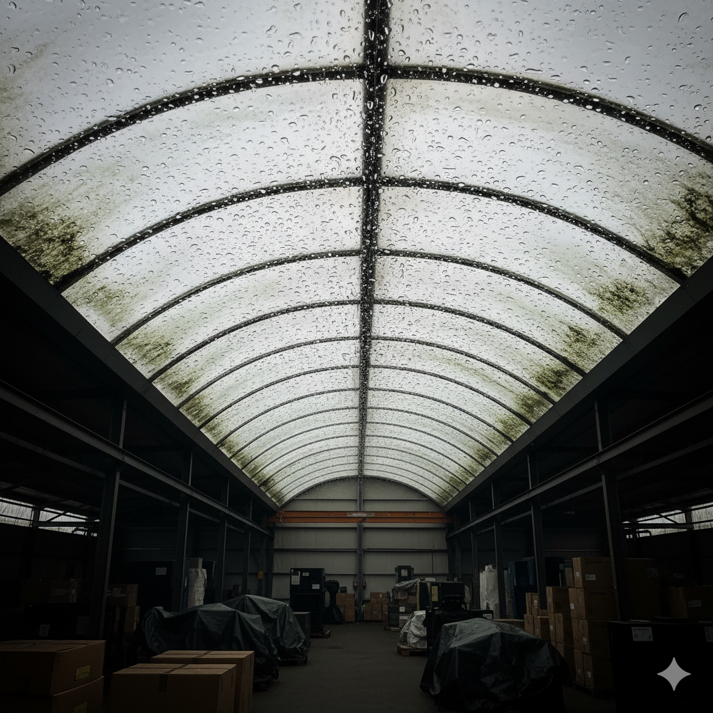 Hala z świetlikami dachowymi z kondensacją, nagromadzonym brudem i zazielenieniem. 